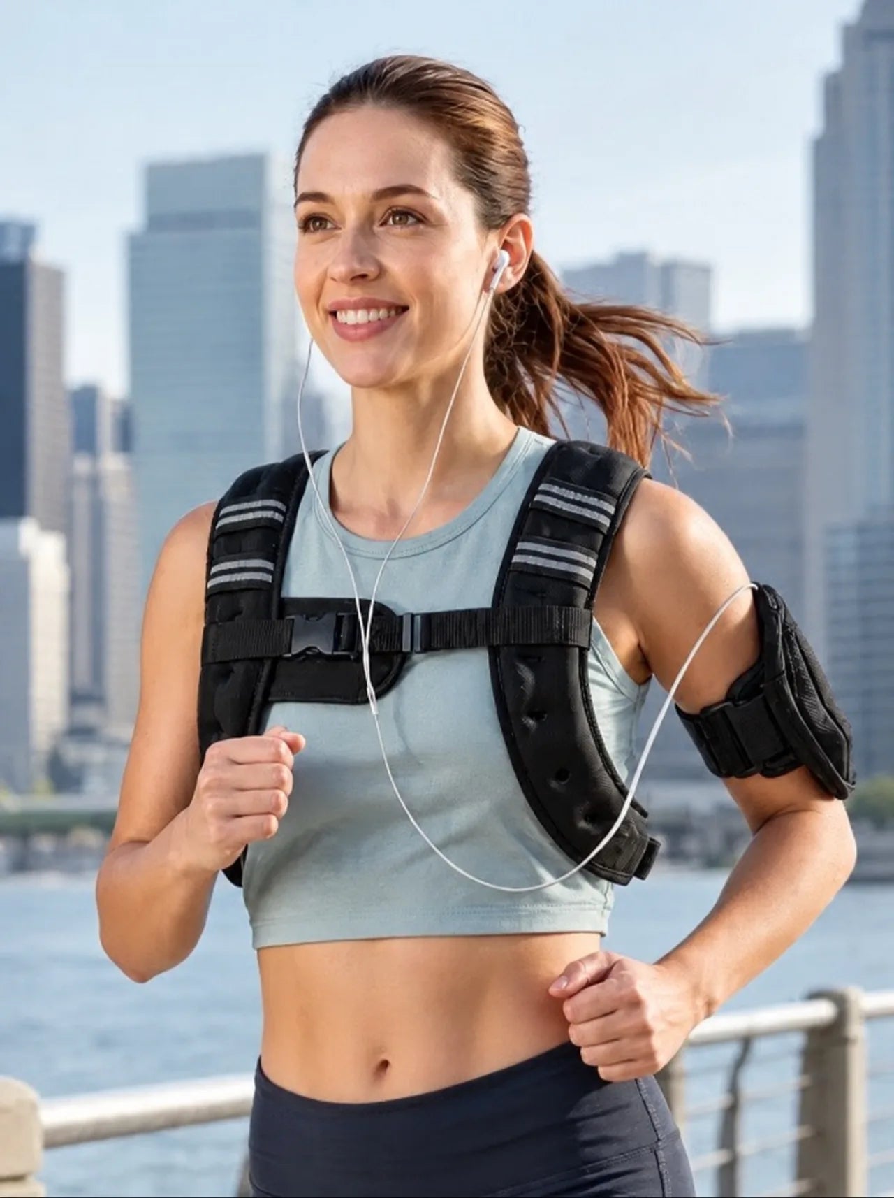 A woman running on a waterfront path wearing the one-buckle vest, its chest buckle set high and a phone pouch on her arm