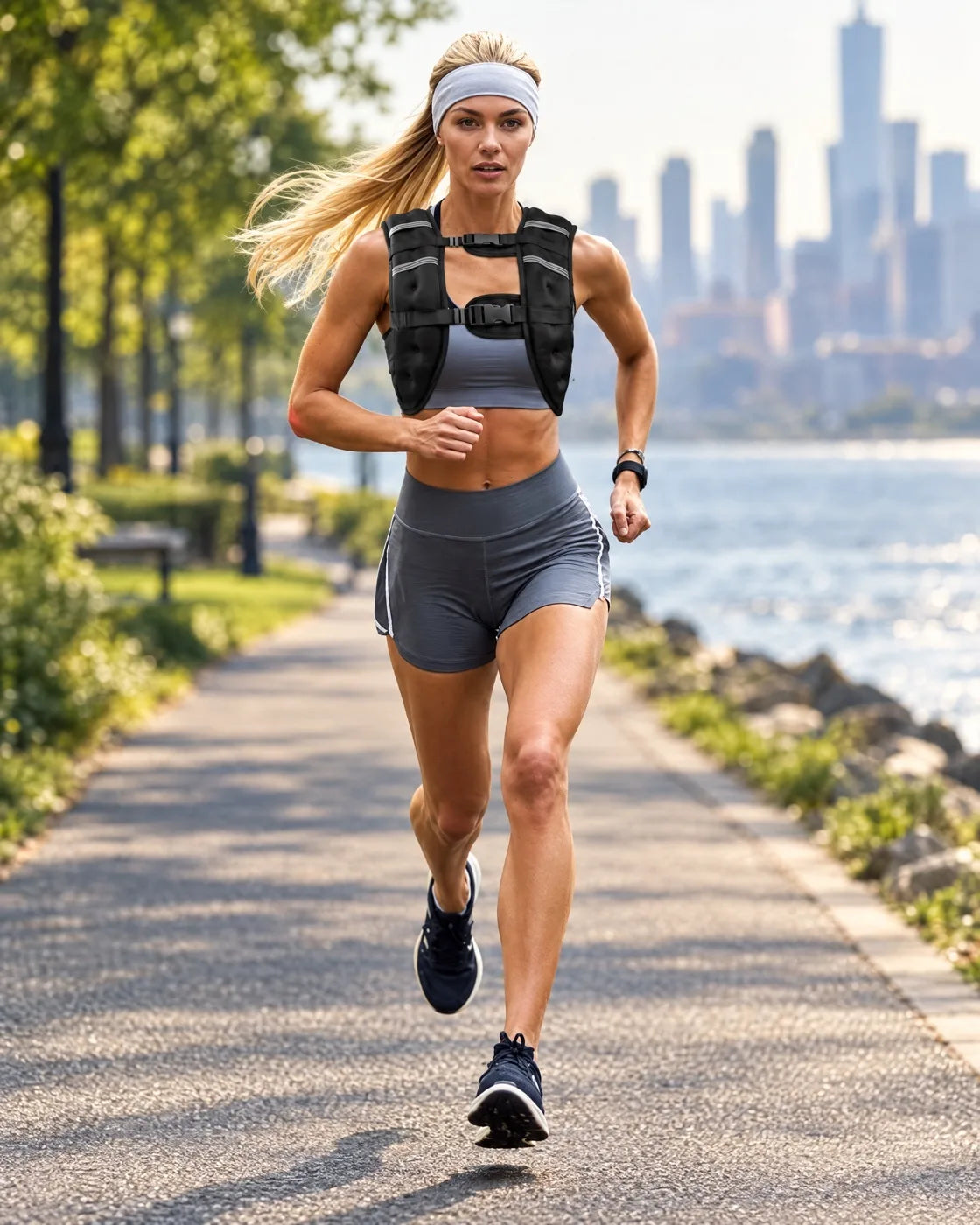 A woman running on a waterfront park path wearing the two-buckle vest with both straps buckled high