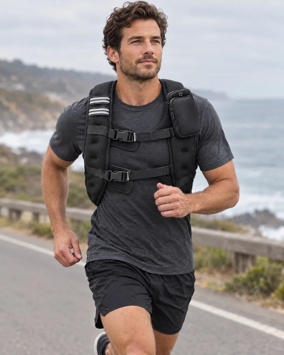 A man running on a coastal road wearing the two-buckle vest